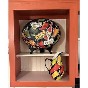 2 Piece Clay Art Caliente Handpainted Large Platter Pitcher Salsa PEPPERS Salad